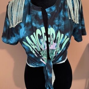 Blue Tie-Dye Graphic Top with Beaded Shoulders